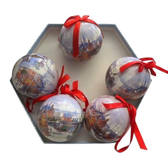 12 Victorian Snowy Winter Town 10" Christmas Ornaments Paper Mache Decoupage - Picture 6 of 8
